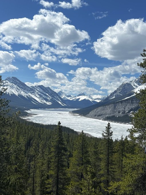 The image shows a beautiful mountain range with snow-capped peaks under a clear blue sky. The mountains are surrounded by trees, creating a picturesque scene. In the foreground of the photo, there's a river flowing through the landscape, adding to its natural beauty. The caption above the image reads "GM CT Monday and $RIVER doesn't care that it' s the start of the week The protocol was building on Saturday ... And it'll be building all week long. New week means new chances to stack River Points, earn yield and stay ahead of the curve on @River4fun".