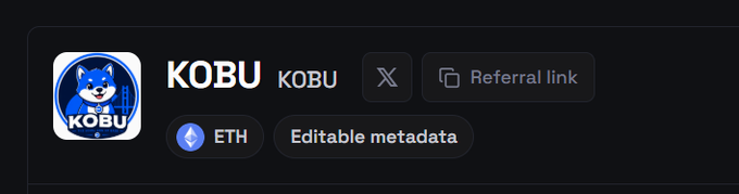 A dark profile header shows the KOBU token logo alongside its ticker, a referral link, an ETH payment indicator, and an "Editable metadata" tag. The image pairs with the post by highlighting KOBU's listing presence on a Base-based exchange as the project maps out its next rollout steps.