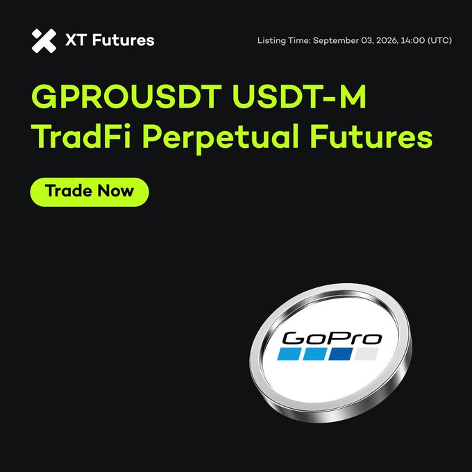 A promotional graphic for XT Futures announcing the listing of 'GPROUSDT USDT-M TradFi Perpetual Futures' with a listing time of September 03, 2026, 14:00 UTC, alongside a 3D GoPro logo coin.