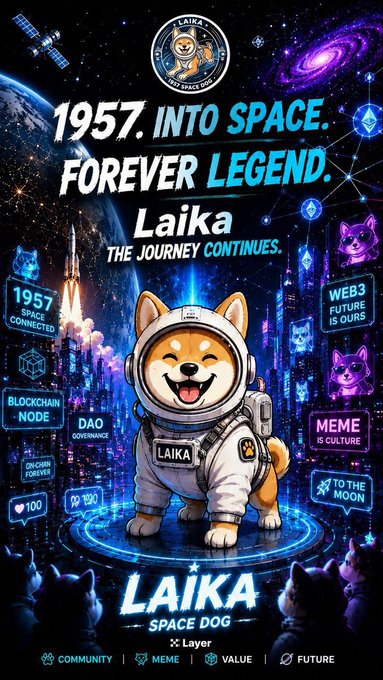 A promotional graphic for a "LAIKA" cryptocurrency or meme coin featuring a Shiba Inu dog dressed as an astronaut, with text like "1957. INTO SPACE. FOREVER LEGEND." and various Web3-themed icons.