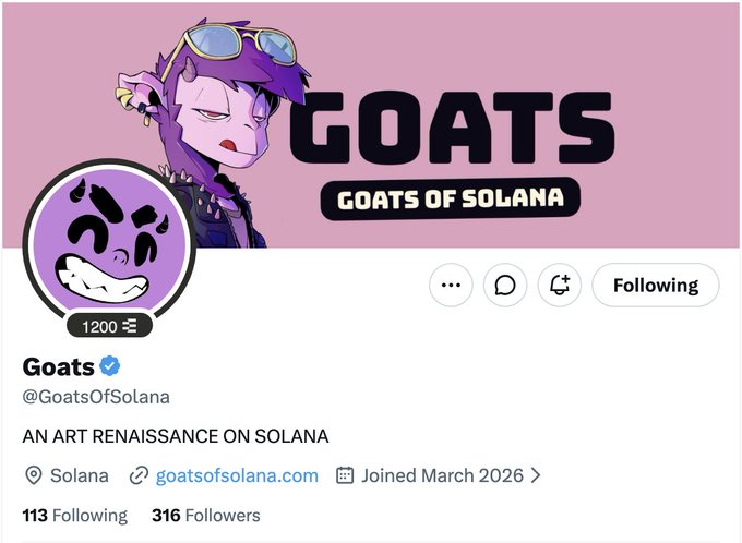 The image features a social media post that says "Goats of Solana" at the top. Below this text, there are three buttons: one for joining an art event, another for viewing potential mints or art supplies, and a third button that says "Follow". The photo includes an image of a monkey wearing sunglasses with the caption "Goats of Solana". There is also an artist's name tag present.