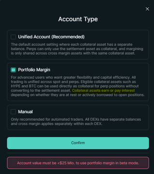 Account Type selection modal with options for Unified Account (Recommended), Portfolio Margin, and Manual, with an error message reading 'Account value must be >$25 Mio. to use portfolio margin in beta mode.'