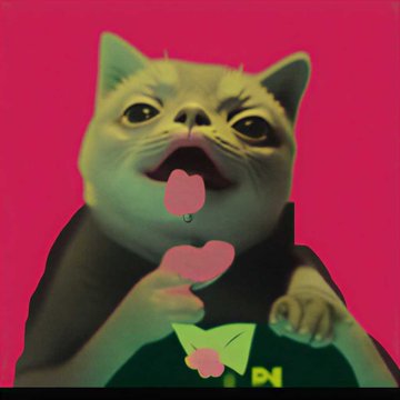 A cat meme with an exaggerated open-mouth expression, set against a bright pink background, with small heart graphics floating near its paws.