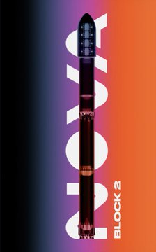 A promotional graphic with the year '2026' oriented vertically behind a SpaceX Starship rocket, alongside the text 'BLOCK 2', set against an orange-to-purple gradient.