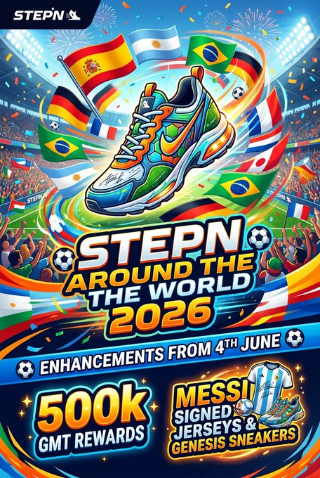 The image features an advertisement for a soccer-themed event called "STEPN Around The World" that took place in June, 2016. The poster showcases a pair of colorful sneakers with various country flags printed on them, symbolizing the global nature of the event. The text on the poster announces the event's theme and invites attendees to participate by signing up for the soccer tournament or purchasing skins of participating countries as prizes.