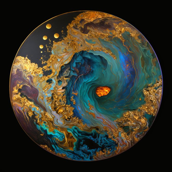 A digital abstract artwork features a swirling sphere of blue, turquoise, and black, accented with metallic gold textures and bubble-like formations.