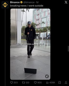 A screenshot of Binance's X account (@binance) with 1-day-old tweet captioned "breaking news: i went outside" showing a person walking with rolling luggage, humorously illustrating how Binance casually featured the token outside their usual promotional channels, as referenced in the post's discussion of "soft shilling."