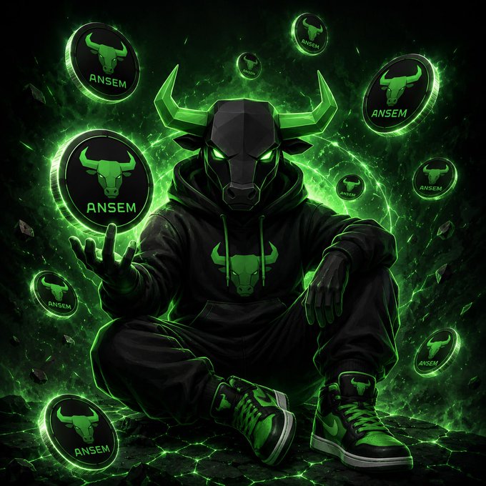 A digital illustration of a character wearing a bull-horned mask and a black hoodie with green accents, surrounded by floating coins bearing the name 'ANSEM' with a bull logo, set against a glowing green background.