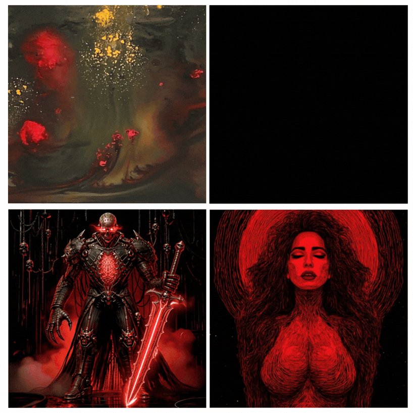 The image features a collage of four distinct artworks, each with its own unique style and subject matter. The top left corner shows an abstract painting filled with red and yellow hues, while the top right corner displays a black and white illustration featuring a woman's face. In the middle section, there is a black and white portrait of a man holding a sword, and in the bottom right corner, another black and white image depicts a woman with her arms raised. The post mentions that this collection is "trending" and encourages collectors to purchase it for its value.