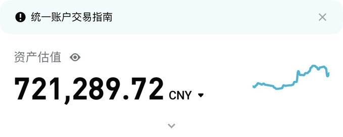 A digital screenshot showing an asset valuation of 721,289.72 CNY with a line graph, labeled '统一账户交易指南' (Unified Account Trading Guide).