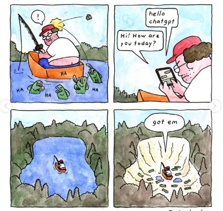 A four-panel comic showing a fisherman ignoring fish to chat with ChatGPT, only to have his pond dry up while he was distracted.