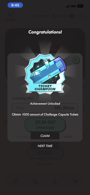A mobile app screen displays a "Congratulations!" achievement notification showing the "TICKET CHAMPION" badge unlocked after 95h 59min for obtaining 1000 Challenge Capsule Tickets, with a 27.28 GST reward and a "CLAIM" button. The image relates to the post showing the user's STEPN achievement of reaching 1000 tickets, which corresponds to the unlock condition shown in the notification.