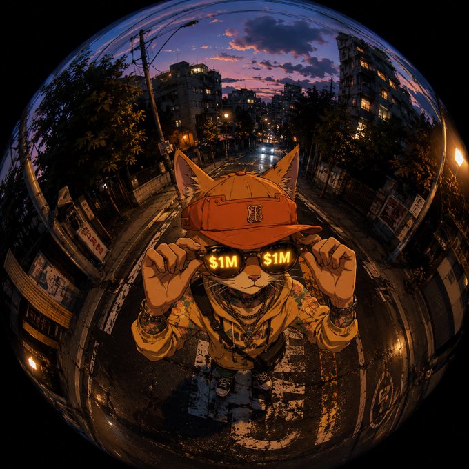 A stylized anime/cartoon illustration of a cat wearing a red cap and gold chains, holding sunglasses with '$1M' reflected in the lenses, set against a fisheye view of a city street at dusk.