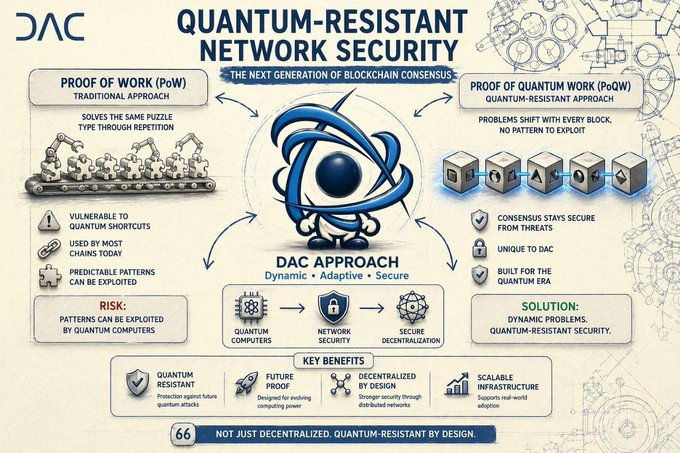 An infographic titled 'DAC: Quantum-Resistant Network Security - The Next Generation of Blockchain Consensus,' comparing Proof of Work (PoW) with Proof of Quantum Work (PoQW) and listing key benefits.