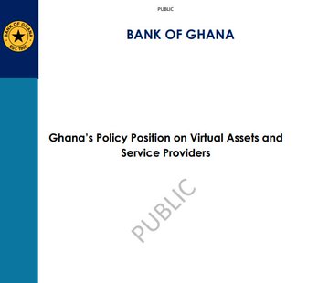 The cover of a public Bank of Ghana document titled 'Ghana's Policy Position on Virtual Assets and Service Providers,' featuring the bank's logo and a 'PUBLIC' watermark.
