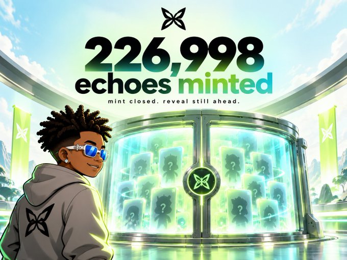 An illustration shows a character in sunglasses looking at a capsule machine with the text '226,998 echoes minted - mint closed. reveal still ahead.'