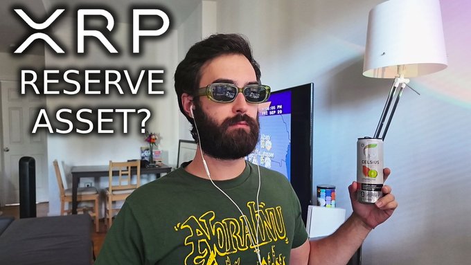 A bearded man wearing sunglasses and a green t-shirt holds up a can of Celsius energy drink, with text reading "XRP RESERVE ASSET?" overlaid on the left side of the image, relating to the post's discussion about XRP's potential role as a reserve asset.