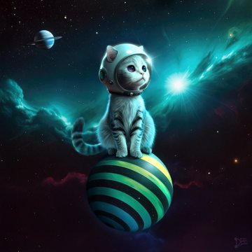 Digital art illustration of a cute gray cat wearing a white space helmet, sitting on a green and black striped planet against a cosmic background with a ringed planet and bright starburst.