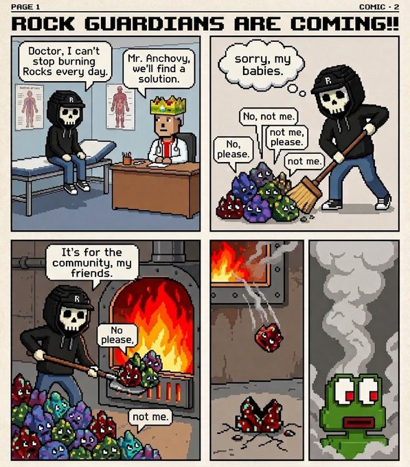 A four-panel webcomic titled 'ROCK GUARDIANS ARE COMING!!' showing a grim reaper-like character taking colorful rocks to a doctor, then sweeping them into a furnace while a green rock watches in horror.