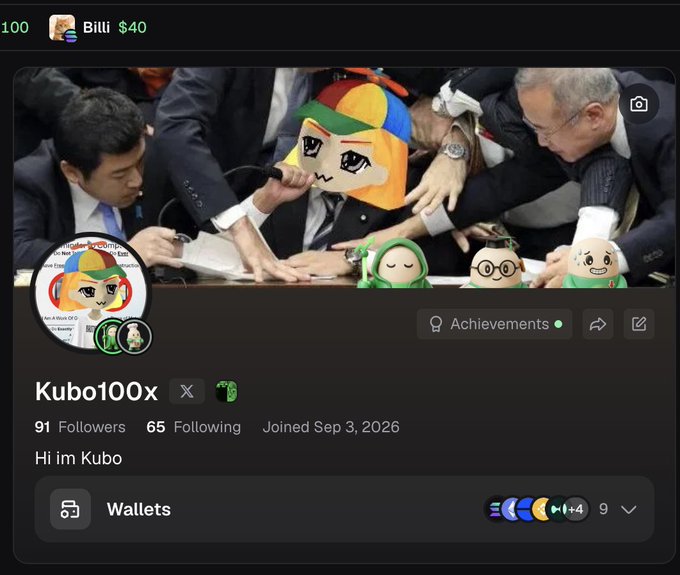 A profile page for 'Kubo100x' on a social/trading platform, showing 91 followers and a bio 'Hi im Kubo,' with a banner image of men in suits and a foreground image of a cartoon character's face.