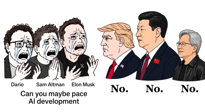 In this meme, Dario, Sam Altman, and Elon Musk cry and ask for AI development to be paced, while Trump, Xi Jinping, and Jensen Huang of Nvidia all respond with "No." The image illustrates a humorous take on the debate over AI development speed and regulation.