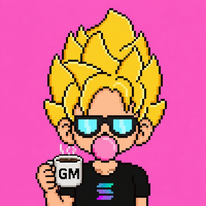 Pixel art illustration of a character with spiky blonde Super Saiyan-style hair and sunglasses, blowing pink bubblegum and holding a white mug labeled 'GM' against a bright pink background.