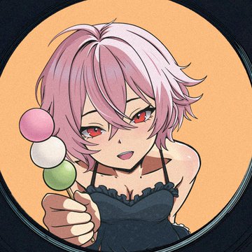 Anime-style portrait of a character with pink hair and red eyes wearing a black dress, holding a dango skewer with pink, white, and green balls, set against a circular orange background.