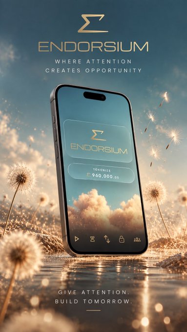 A promotional graphic for 'ENDORSIUM' featuring a smartphone displaying the app interface with '960,000.00' tokens, set against a backdrop of dandelions and clouds with the tagline 'GIVE ATTENTION. BUILD TOMORROW.'