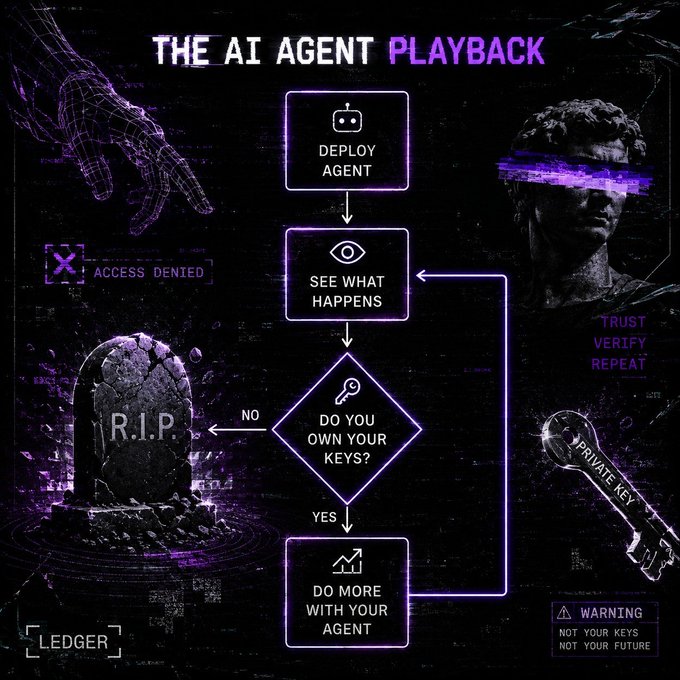 A purple-themed graphic titled 'THE AI AGENT PLAYBACK' showing a flowchart with steps: Deploy Agent, See What Happens, Do You Own Your Keys? (Yes leads to Do More With Your Agent, No leads to R.I.P.), with the text 'NOT YOUR KEYS NOT YOUR FUTURE' and 'TRUST VERIFY REPEAT'.