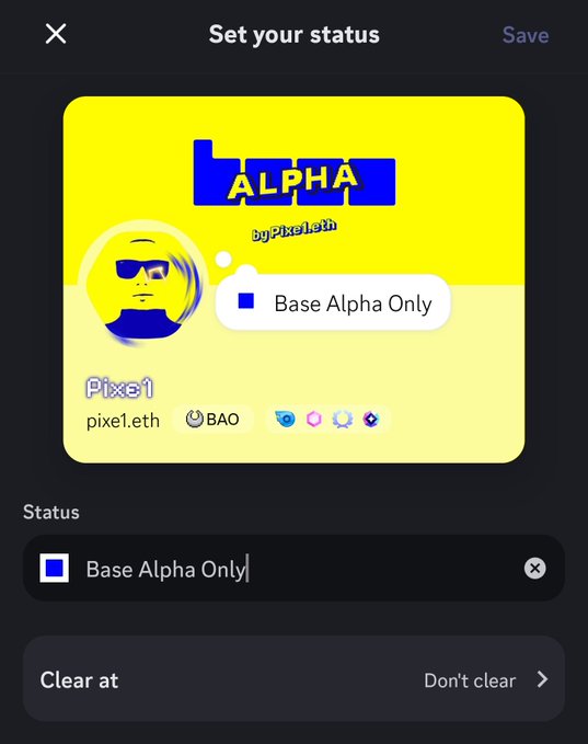 The image shows a screenshot of a social media app with a yellow background and blue text that reads "Set your status" at the top. Below this, there are three options for setting a status: "Base Alpha Only", "Base Alpha Only (BAO)", or "Base Alpha". The post also includes a caption about how it feels to be Base.