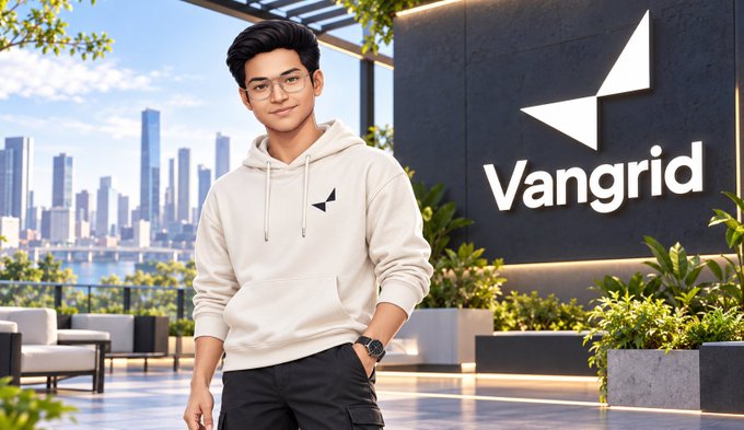 A young man in a white hoodie stands on a rooftop terrace in front of a large 'Vangrid' logo with a city skyline visible in the background.