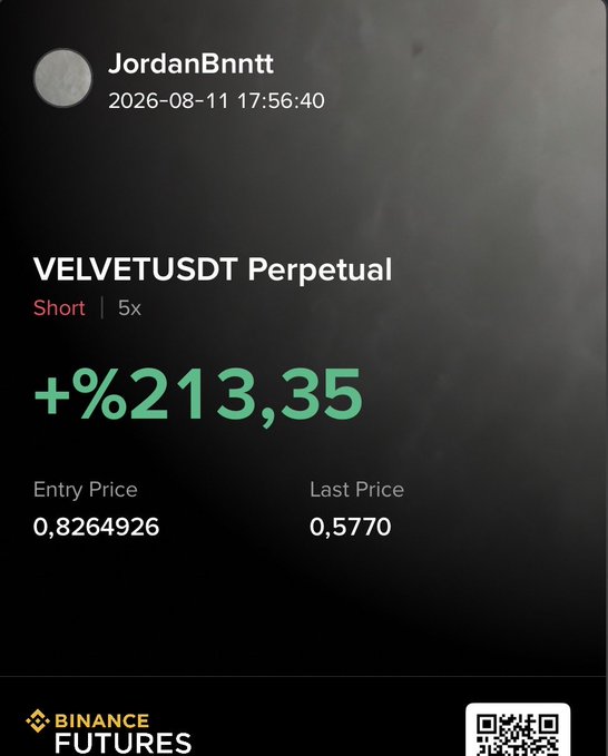 A Binance Futures trading screenshot displays a VELVETUSDT Perpetual short position by user JordanBnntt, showing a profit of +213.35% on a 5x leveraged trade, with entry price 0.8264926 and last price 0.5770, dated 2026-08-11.