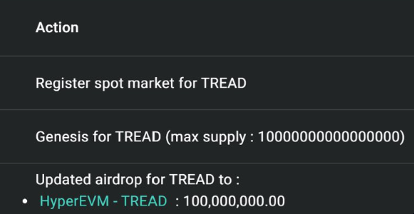 The image shows a transaction or action list with key items including "Register spot market for TREAD," "Genesis for TREAD (max supply: 1000000000000000000)," and "Updated airdrop for TREAD to HyperEVM - TREAD: 100,000,000.00," indicating that TREAD token is being launched with a registered spot market, genesis creation, and a significant airdrop allocation tied to the upcoming project teased in the post.