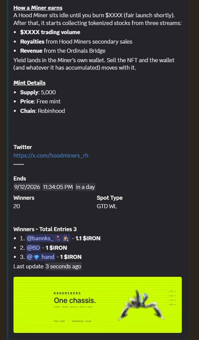 A screenshot of a webpage detailing 'How a Miner earns' for the Hood Miners NFT project, specifying a Supply of 5,000 on the Robinhood chain, a free mint, and listing winners including '@bannks' and '@BD'.