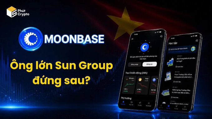 A promotional graphic for Moonbase features the Moonbase logo, two smartphone screenshots displaying the platform's Vietnamese-language interface ("Học tập," "Thị trường," "Top 5 biến động"), and Vietnamese text asking "Ông lớn Sun Group đứng sau?" ("Is Sun Group behind it?"), set against a backdrop of the Vietnamese flag, highlighting rumors about Sun Group's potential backing of the crypto platform.