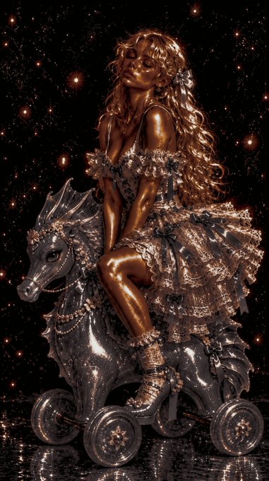A metallic bronze-skinned woman with long curly hair sits atop a silver, sparkly seahorse-shaped wheeled toy against a starry black background, wearing an elaborate ruffled dress.