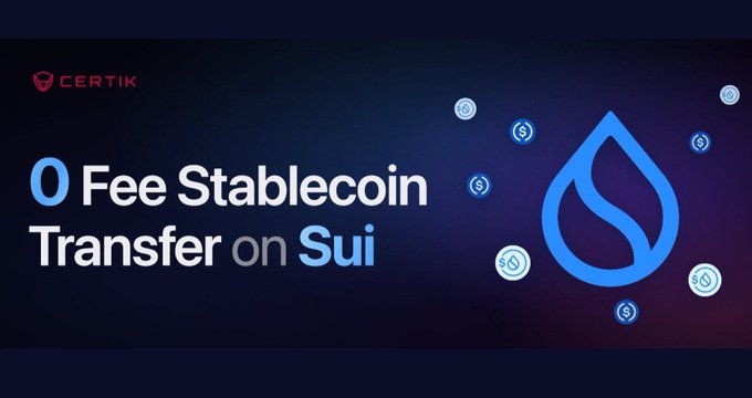The image features a banner with a blue logo that says "0 Fee Stablecoin Transfer on Sui" written below it. The text indicates that there are 100,000,000 stablecoins available for use at zero cost, making it an attractive option for users who want to onboard the next 100 million people without incurring any fees or transaction costs associated with other cryptocurrency exchanges.