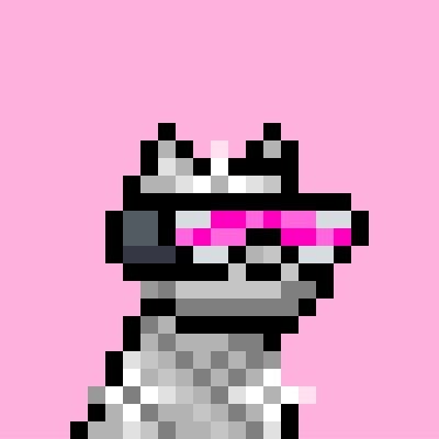 A pixel art image of a white cat character wearing pink sunglasses on a pink background.