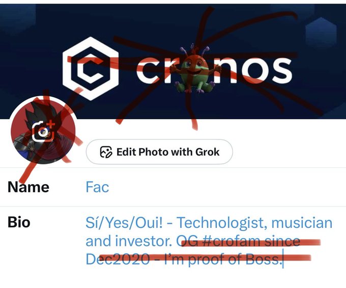 The image shows a Cronos profile page for "Fac" with the bio "Sí/Yes/Oui! - Technologist, musician and investor. OG #crofam since Dec2020 - I'm proof of Boss." crossed out with red strikethroughs over the Cronos logo, avatar, and bio text. This visual edit illustrates the user's announcement of resigning their #crofam status and leaving the Cronos/crypto.com community, with red markings symbolizing the end of their association with the project.
