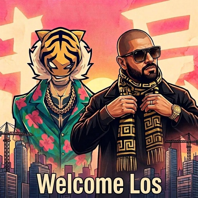 A stylized illustration features a tiger-masked figure in a floral shirt alongside a bearded man in sunglasses and a patterned scarf, with the text "Welcome Los" visible at the bottom.