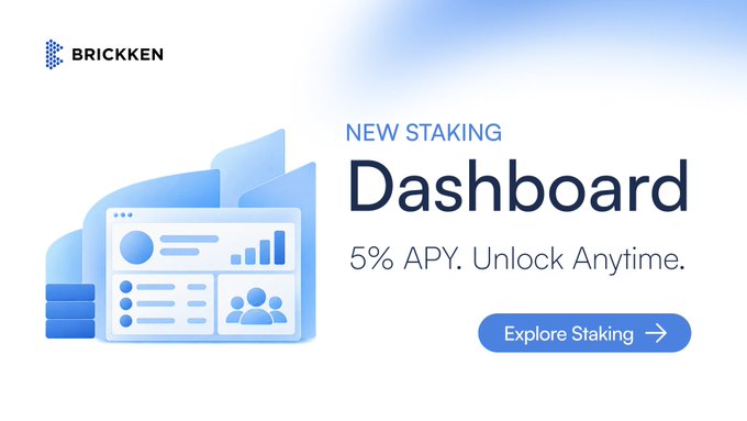 A promotional banner for BRICKEN's 'NEW STAKING Dashboard' advertising 5% APY and 'Unlock Anytime' with an 'Explore Staking' button, illustrated with a stylized dashboard graphic.