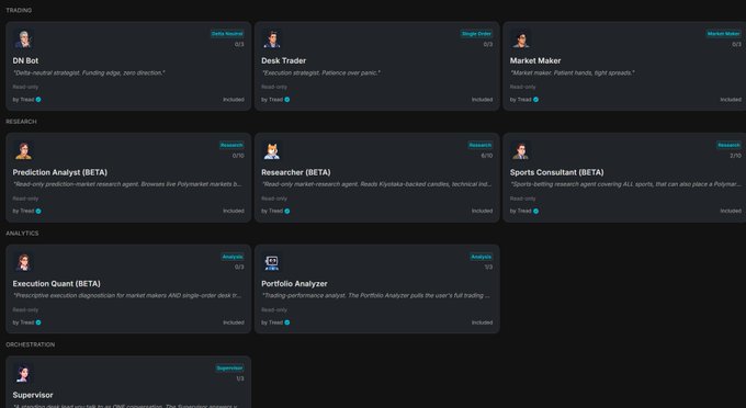 A dark-themed dashboard displaying various AI agent tools categorized as Trading, Research, Analytics, and Orchestration, including 'DN Bot', 'Desk Trader', 'Market Maker', and 'Prediction Analyst (BETA)'.