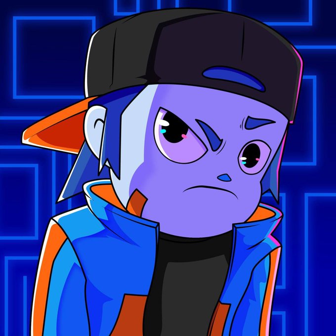 An animated cartoon character with purple skin, wearing a black cap and blue jacket, frowning angrily against a blue digital background.
