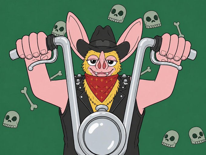 A cartoon illustration of a yellow bat-like creature wearing a black cowboy hat and red bandana, gripping motorcycle handlebars against a green background decorated with skulls and bones.