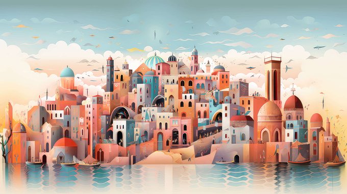 A stylized digital illustration of a Mediterranean-style coastal city with domed buildings and towers in warm orange and pink tones, sitting on the water under a cloudy sky.