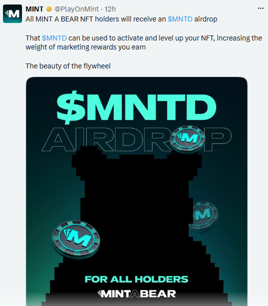 A Twitter post from MINT (@PlayOnMint) announcing an $MNTD airdrop for all MINT A BEAR NFT holders, featuring an image of a bear silhouette surrounded by M-branded coins.