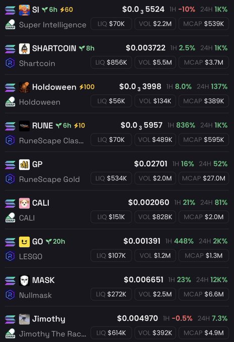 A cryptocurrency trading screen displaying multiple tokens including SI (Super Intelligence), SMARTCOIN, Holdowen, RUNE (RuneScape Classic), GP (RuneScape Gold), CALI, GO (LESGO), MASK (Nullmask), and Jimothy (Jimothy The Rac...) with their prices, 1-hour and 24-hour percentage changes, liquidity, volume, and market cap data.