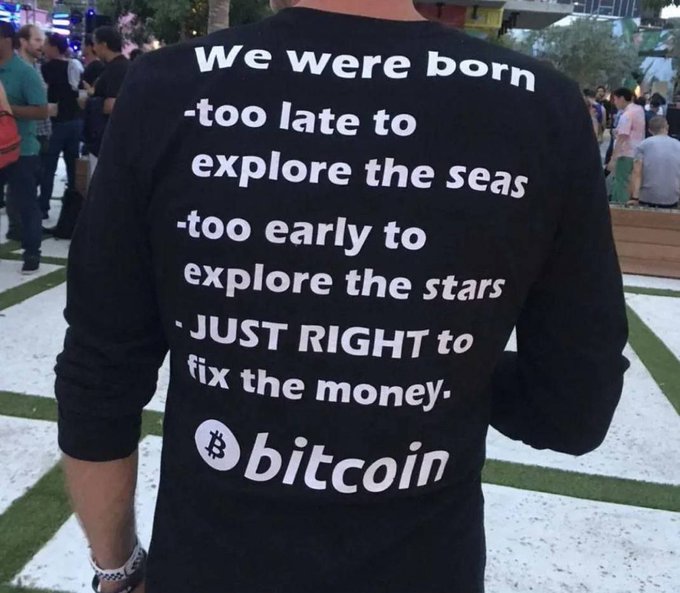 The back of a person wearing a black long-sleeve shirt with white text reading 'We were born too late to explore the seas, too early to explore the stars, JUST RIGHT to fix the money,' along with the Bitcoin logo.