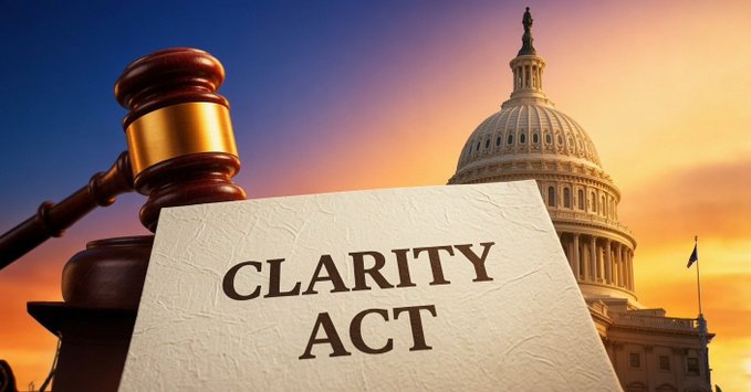 A conceptual image featuring a wooden gavel, the U.S. Capitol building, and a document labeled "CLARITY ACT."
