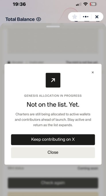 A mobile screenshot showing a pop-up notification that reads "GENESIS ALLOCATION IN PROGRESS - Not on the list. Yet." with text explaining that "Charters are still being allocated to active wallets and contributors ahead of launch," along with buttons to "Keep contributing on X" and "Close." The image relates to the post as it captures the frustration of repeatedly checking for a whitelist/allocation on @0xbeans and @standard_rsv only to see one is still not on the list.